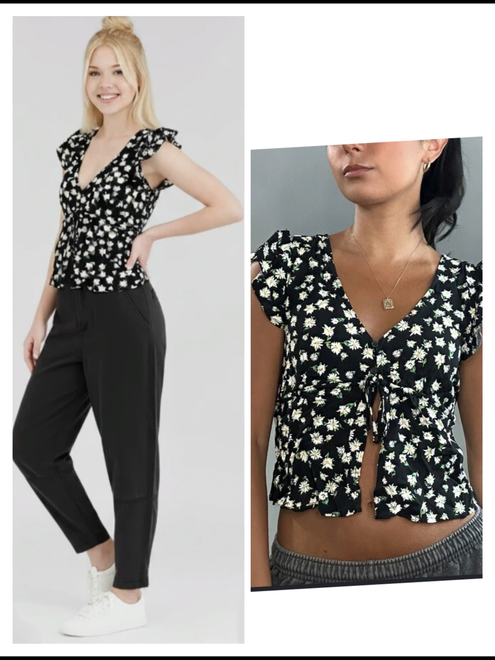 wild fable Black Floral Tie-Front Crop Top